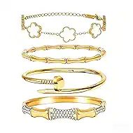 Womens Stackable Floral Gold Bracelets - 4Pcs 18K Gold Plated Bracelet,Stainless Steel Bangle Bracelets Non Tarnish,Gold Bracelet Set Fashion Jewelry,Valentines Birthday Christmas Jewelry Gifts