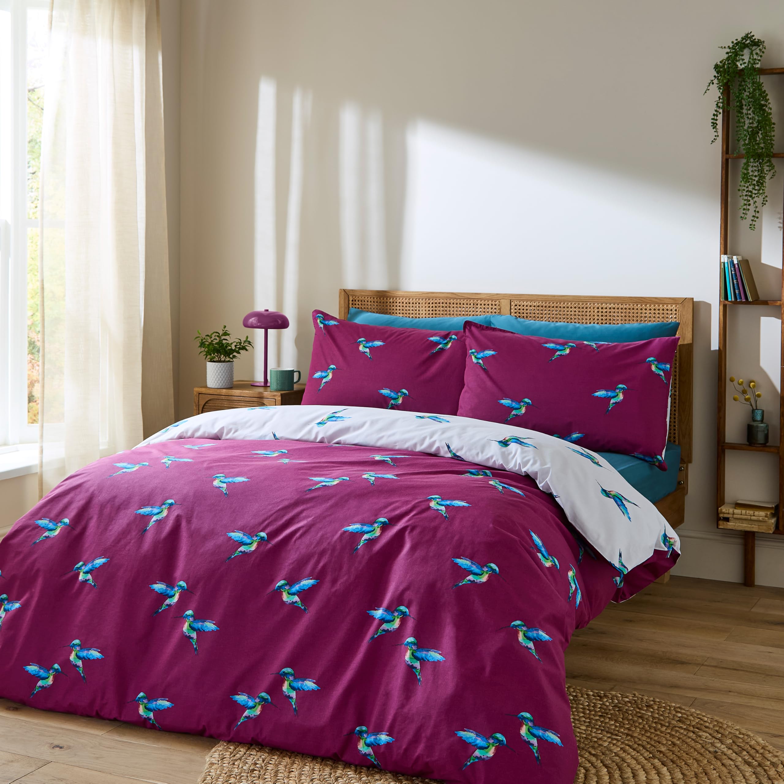 Their Nibs White Hummingbird Cotton Reversible Duvet Cover Set Plum - Double - Plum