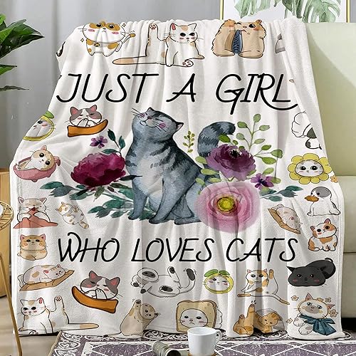 Manta de franela ultrasuave con diseño de gato con la frase "Just a Girl Who Loves Cat", regalos para amantes de los gatos, manta ligera y acogedora