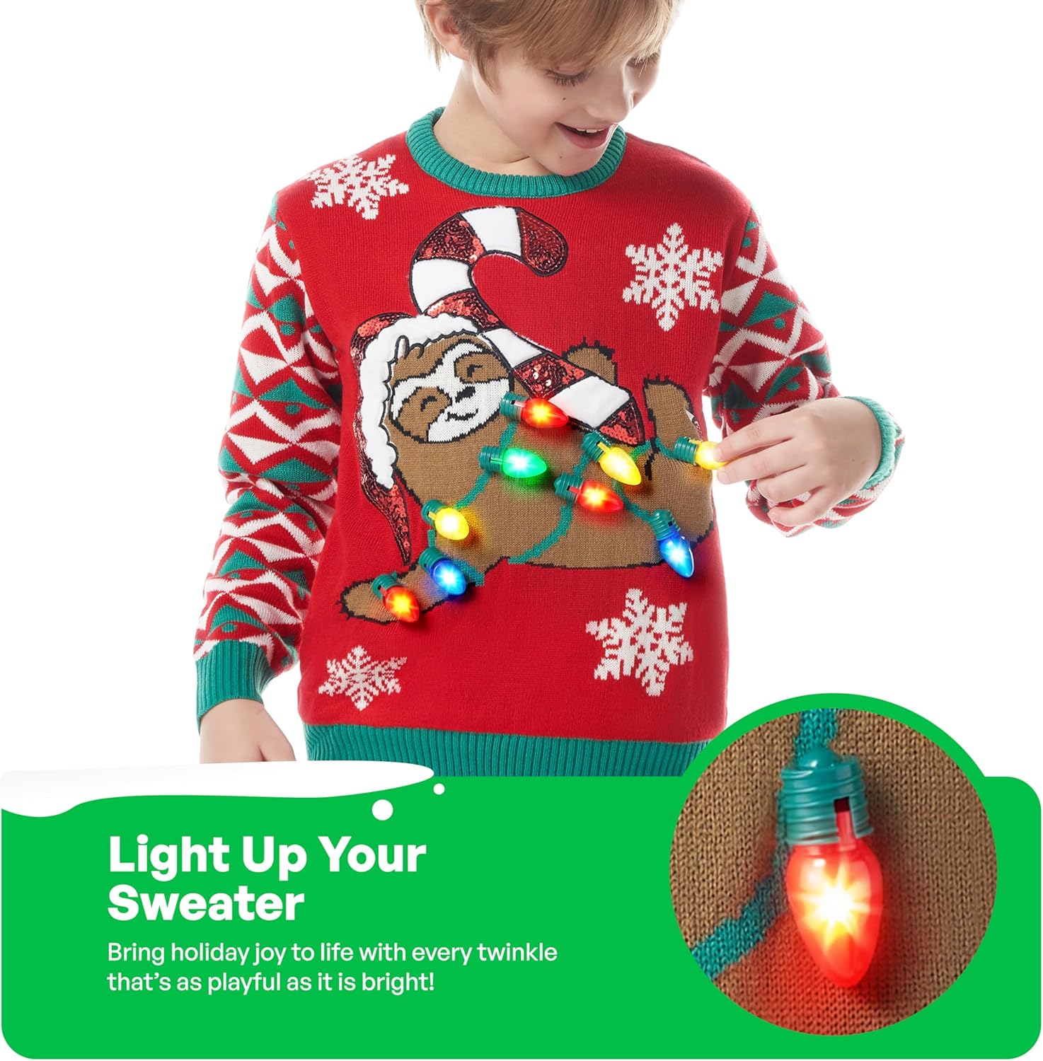 Giggling Getup Ugly Christmas Sweater with Light, LED Ugly Christmas Sweater for Women Men Kids 2025 Sloth Bear(Red) - Image 3