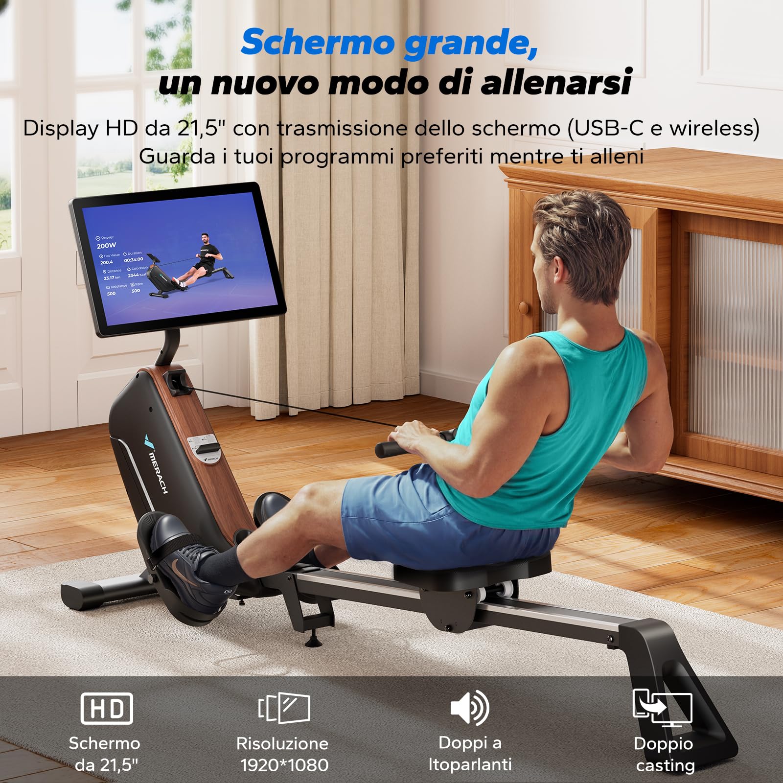 MERACH Vogatore per Casa, Vogatori Magnetici Silenziosi, Binari Migliorati ed Espansi da 130 cm per Movimenti più Liberi, Dotato di APP Esclusiva