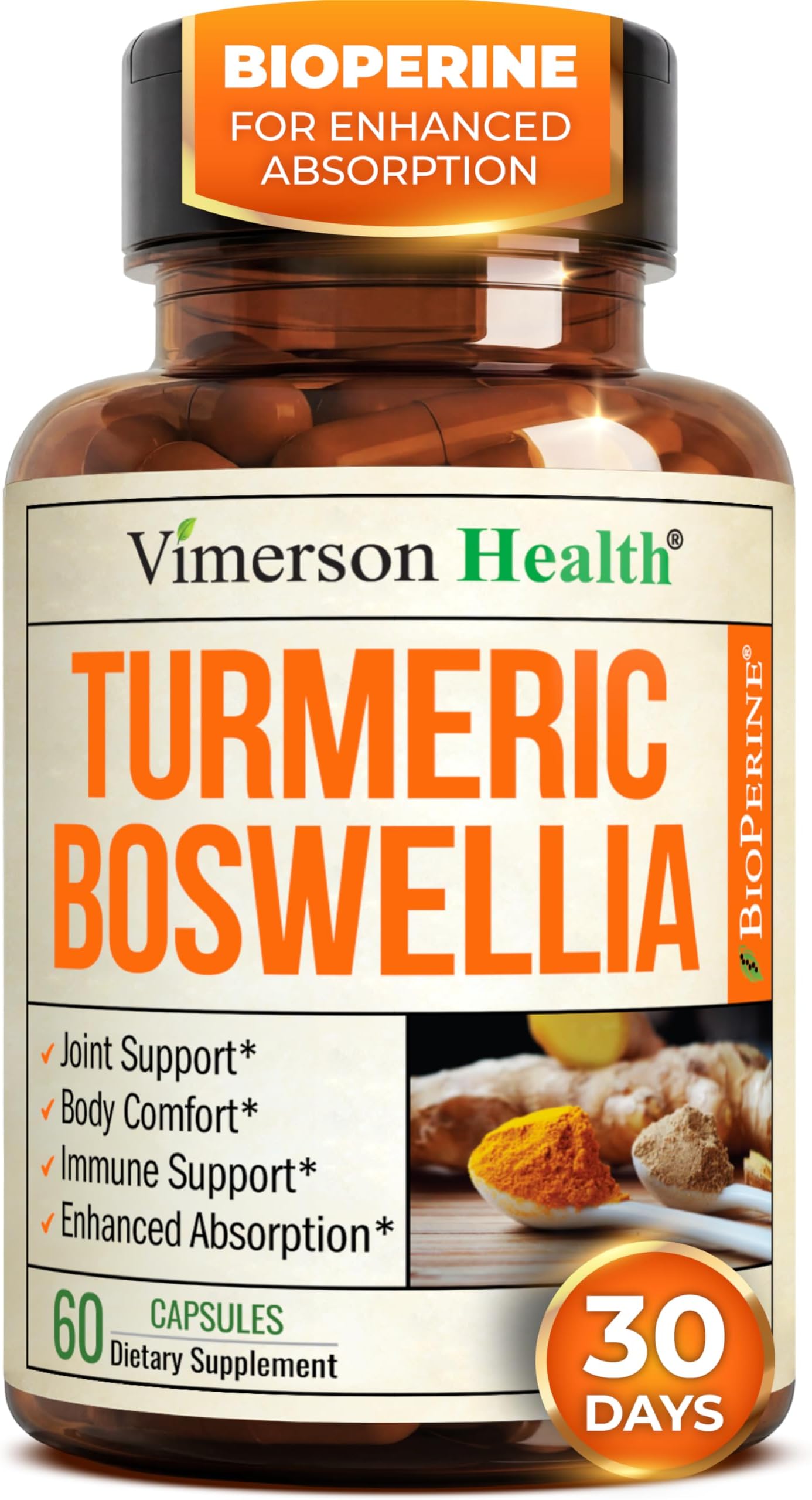 Vimerson Health Turmeric Curcumin with BioPerine, Boswellia and Ginger. Advanced Turmeric Combination. Promotes Cartilage Function. Vegan, Gluten-Free, Non-GMO, Natural. 60 Vegetarian Capsules.