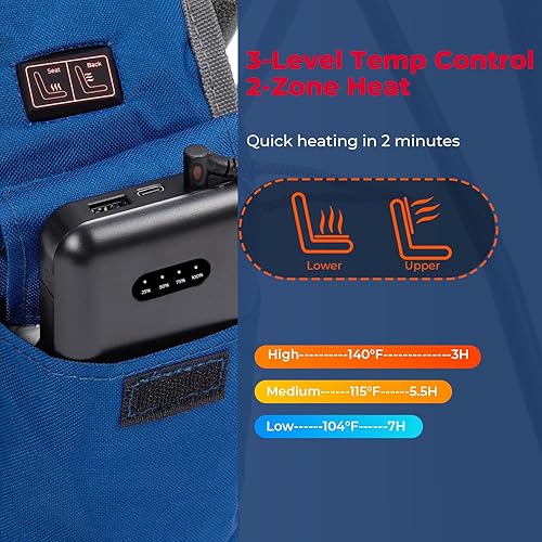 Miniatura 6 de DEERFAMY Silla de camping con calefacción con batería de 15000 mAh 12V, respaldo y asiento calefactables, 3 niveles de calor, con soporte para