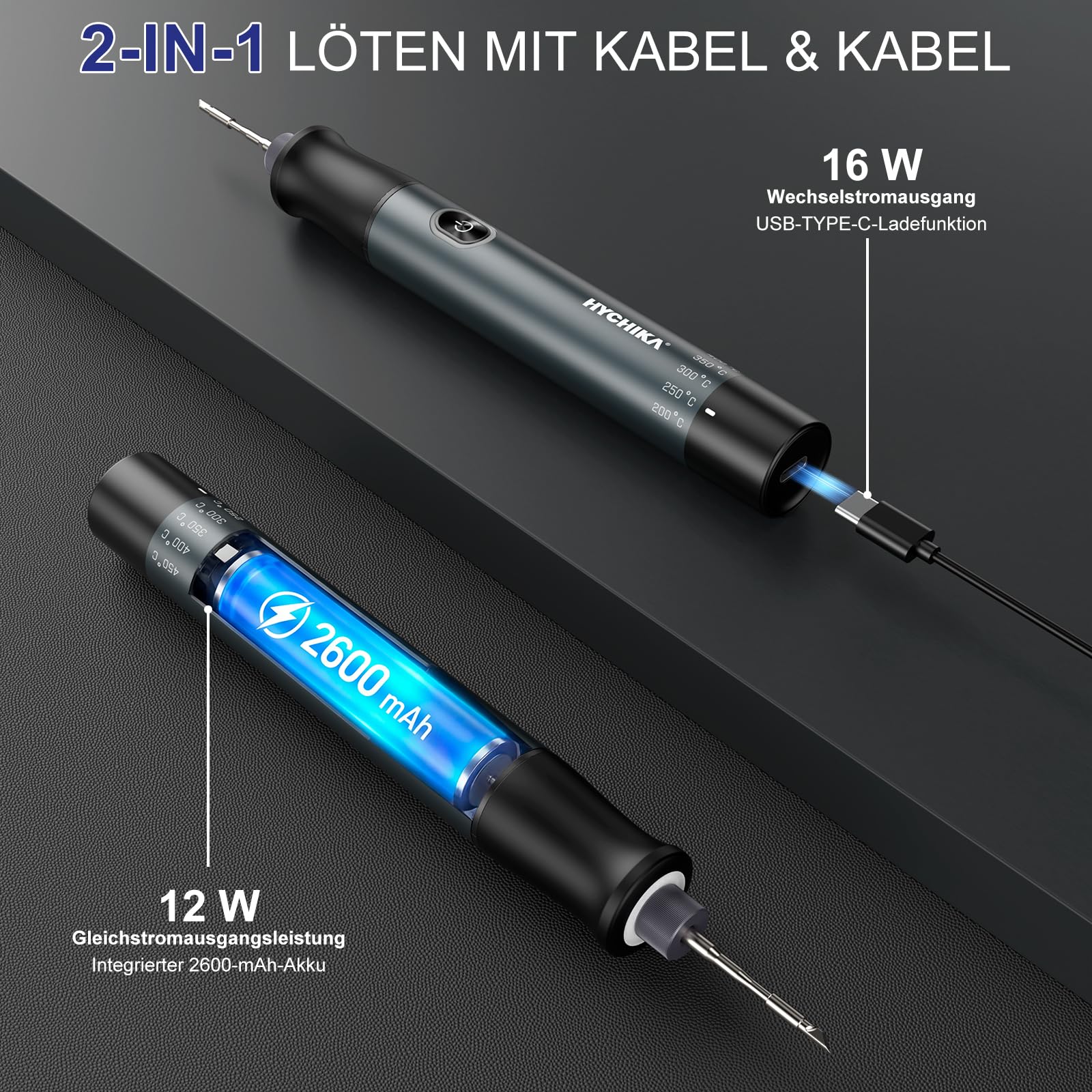 HYCHIKA Lötkolben Set, Akku Lötkolben mit 2600mAh, Intelligentem Indicator, 7s schnelle Heizung (200 ℃ -450 ℃), Auto Schlaf/Aus, mit Halterung, für Elektronik Reparatur, Schweißen, DIY