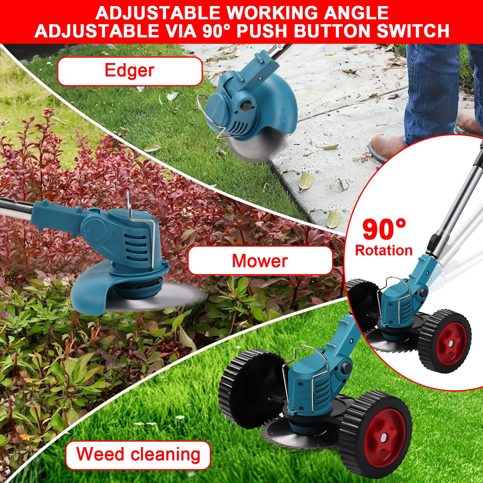 Cortadora de césped inalámbrica, cortadora de césped a batería con 2 baterías de 1500 mAh, desbrozadora eléctrica Ajustable, Recortadora de Bordes con Mango telescópico y Ruedas adicionales - 3