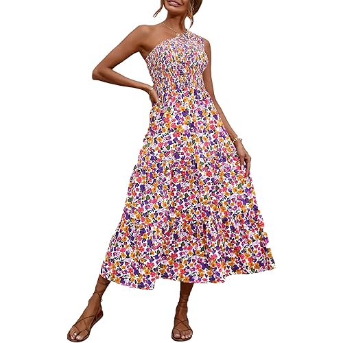 BTFBM Women One Shoulder Summer Dresses 2024 Sleeveless Casual High Waist Floral Flowy Beach Boho Smocked Maxi Dress