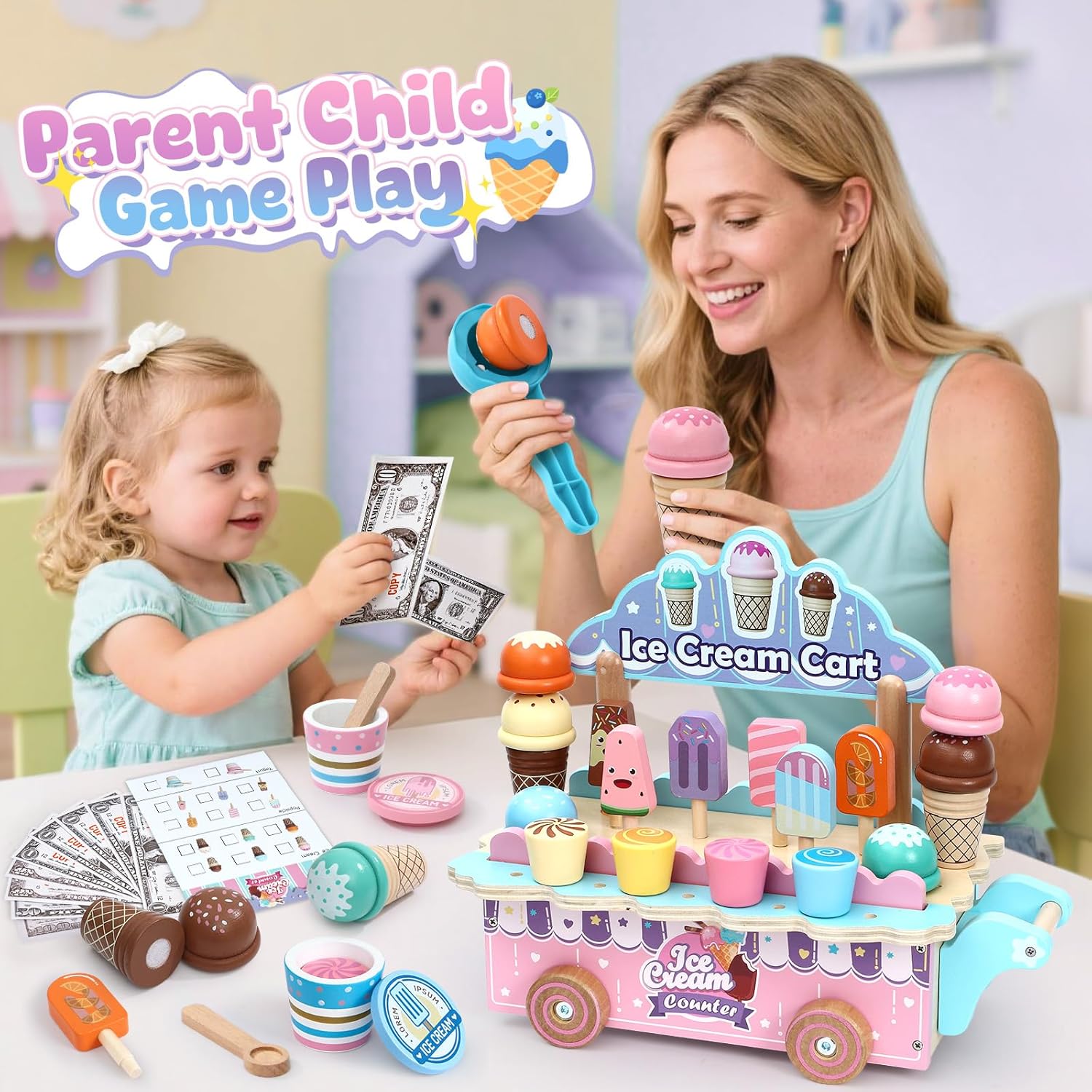 Atoylink Wooden Ice Cream Toys for Kids Pretend Play Food Toys with Scoop & Menu & Fake Money, Ice Cream Cart Play Store Toys for Toddlers Girls 3 4 5 6 Year Old Gift