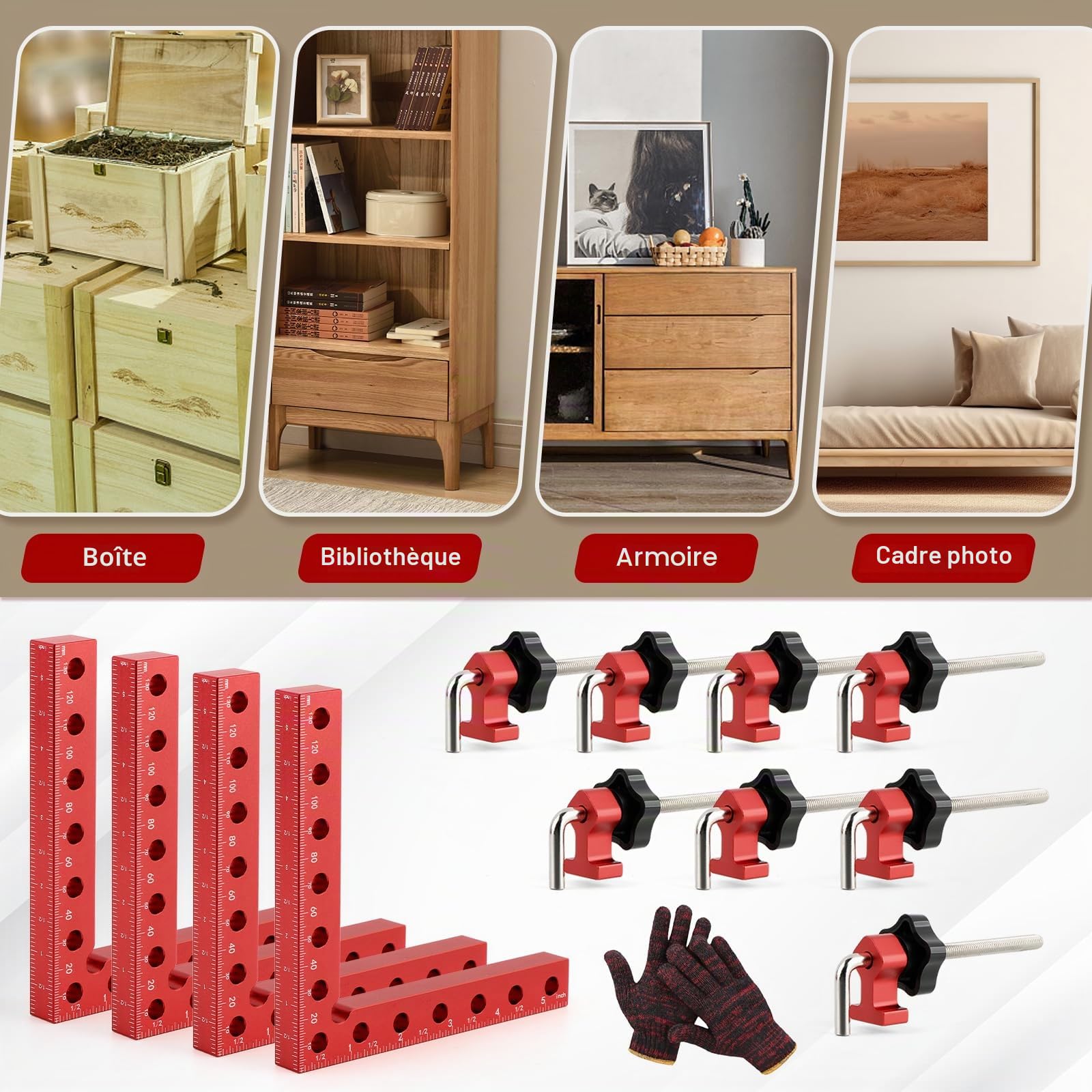 Pince à Angle Droit 90 Degrés, Serre Joint Angle Droit Aluminium 14 X 14 cm Equerre de Positionnemen Serre Cadre Fixation à Angle Outils de Travail du Bois (Rouge 4 Pack)
