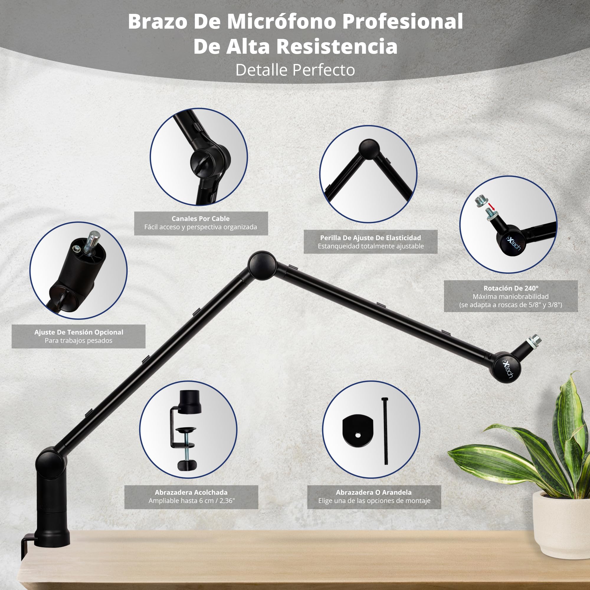 IXTECH Brazo de micrófono giratorio ajustable de 360° Mesa de brazo de micrófono de acero inoxidable Soporte de Micrófono Brazos de montaje de micrófono estables para estudio de radio juegos HERO