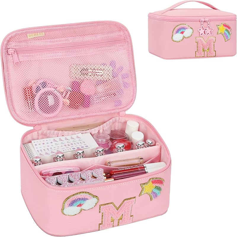 Necessaire de maquiagem OCHEAL rosa com estampa de arco-íris, bolso interno e zíper, modelo M