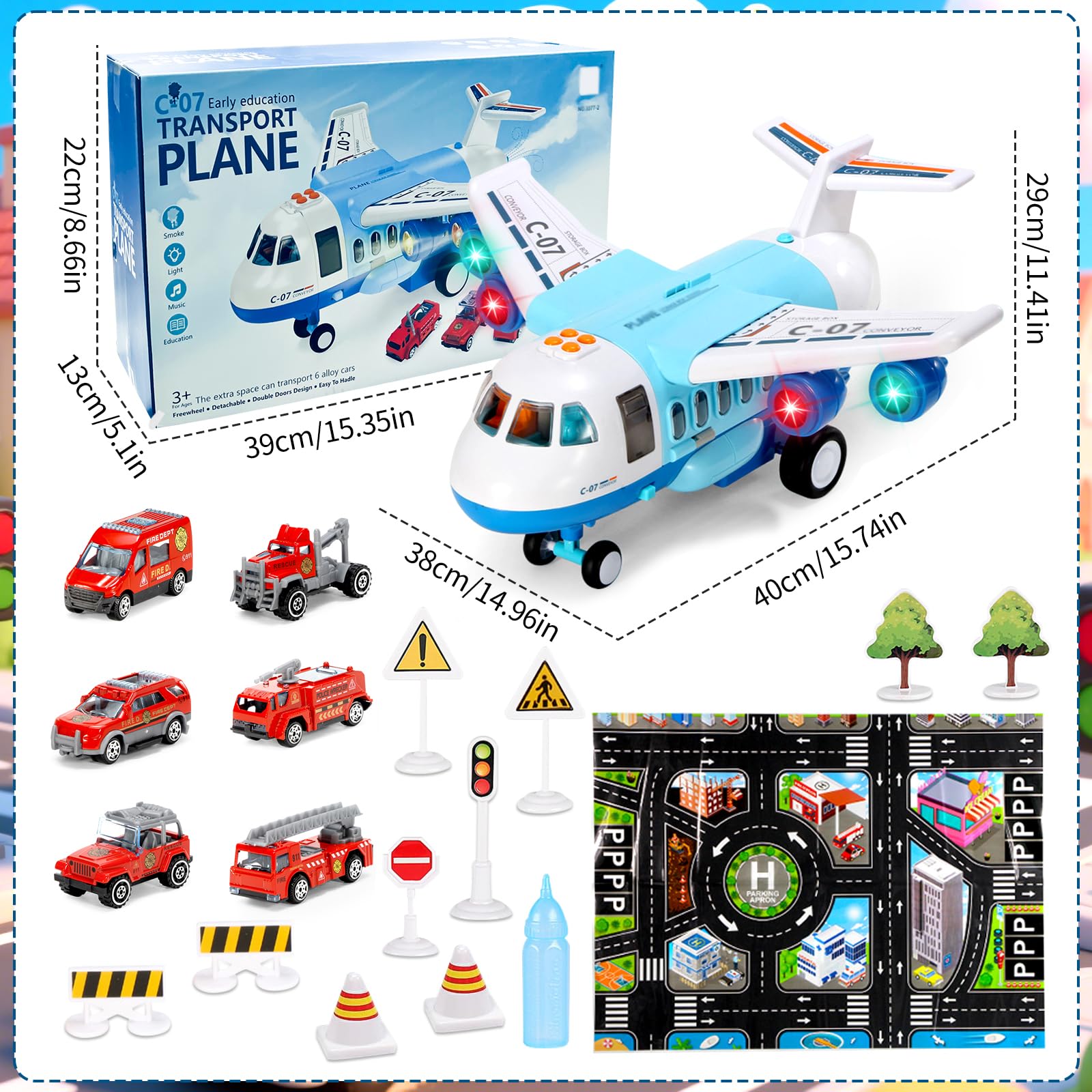 PQKL-party Jouet d'avion, avion de transport pour enfants, kit de jeu avec fumée, lumière et son