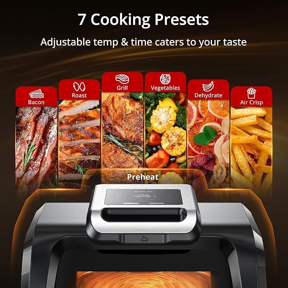 Indoor Smokeless Grill, Smart Grill & Air Fryer,7-in-1 Electric Air Grill with Air Fry, Bake, Roast, Broil, Steam, Dehydrate,Non-Stick Removable Plates for Kitchen