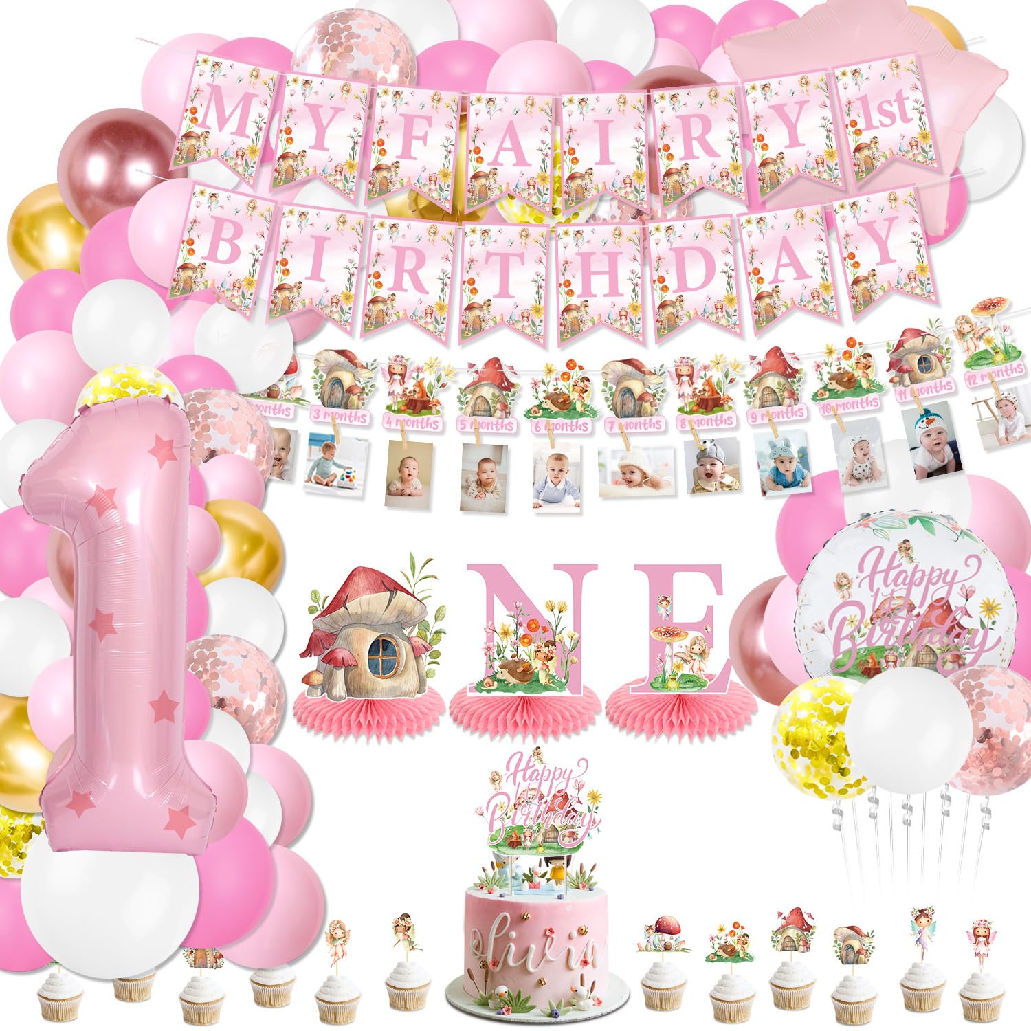 My Fairy 1st Birthday Decorations - Enchanted Forest Banner, Honeycomb Centerpiece, Cake Toppers, Balloons