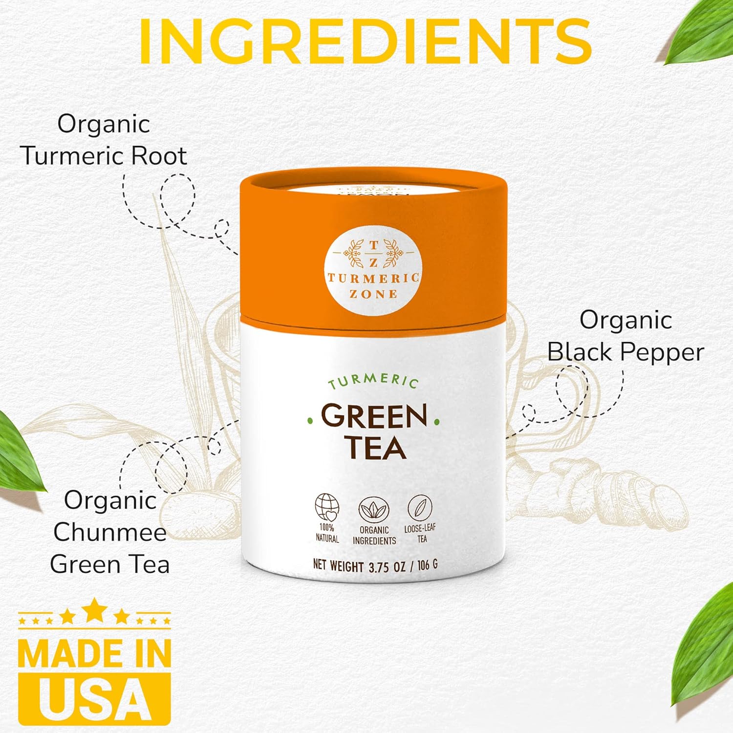 Turmeric Zone Organic Turmeric Tea with Chunmee Green Tea, Turmeric Root and Black Pepper - 3.75 oz