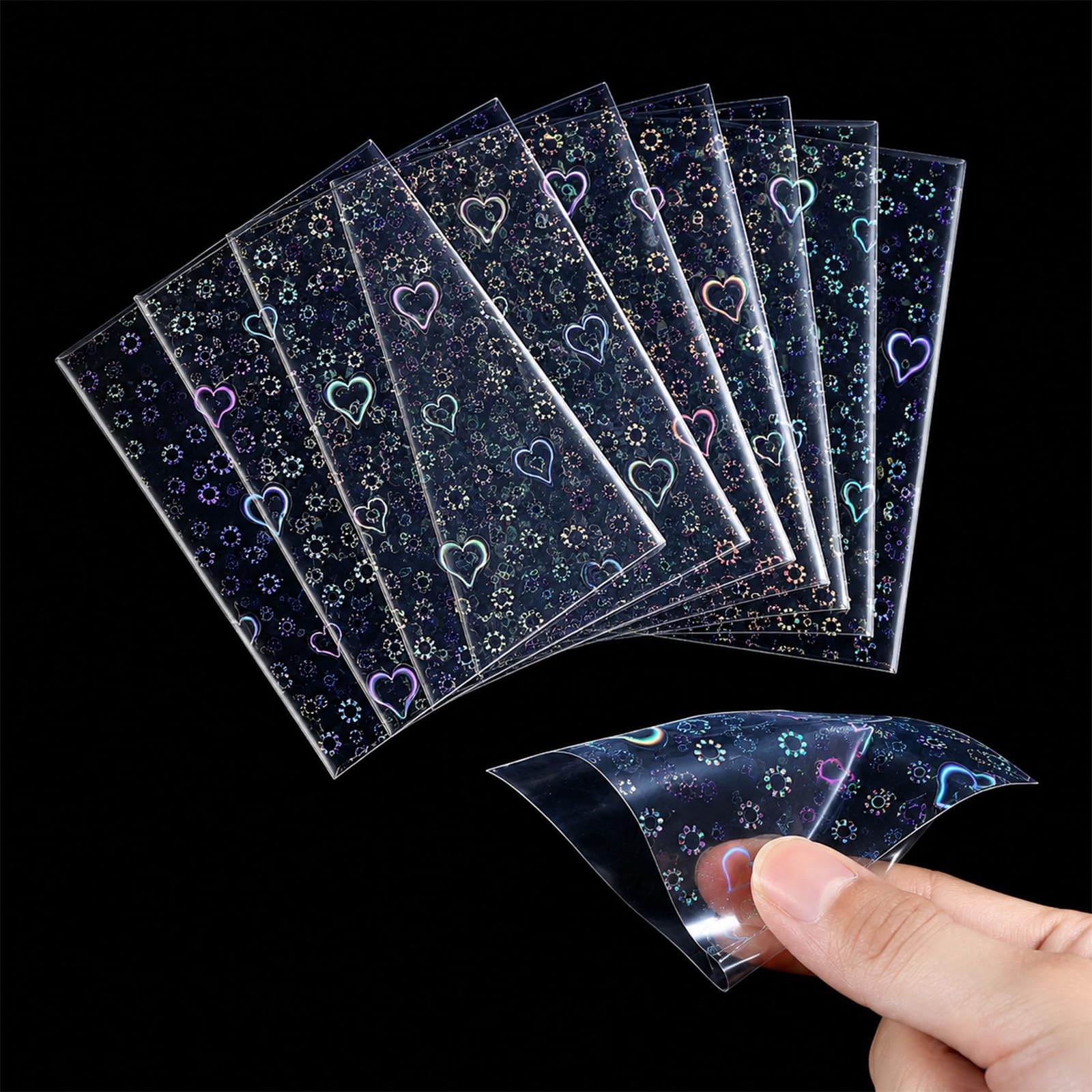 100 Pcs Photocard Sleeves, Heart Shape Laser Penny Sleeves, Flashing Card Sleeves, Rainbow Holographic Trading Cards Protective Cover, Foil Card Protective Sleeve (61x88mm)