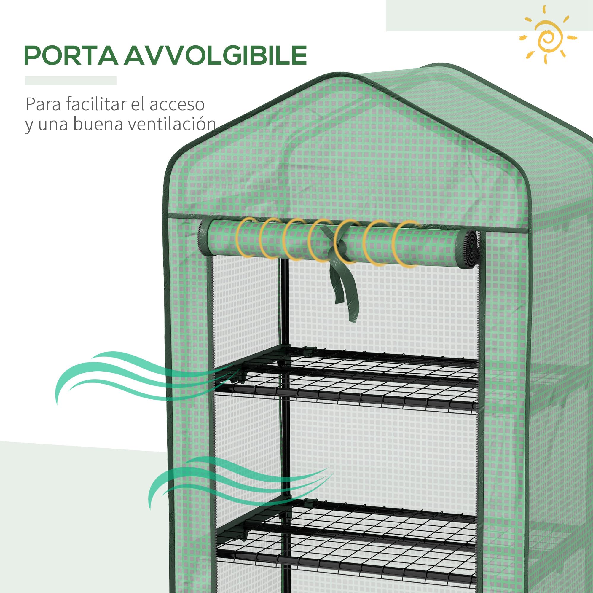 Outsunny Mini Serra da Giardino con Copertura in PE e 3 Ripiani, Serra da Balcone con Ruote e Porta Avvolgibile, 69x49x130cm, Verde