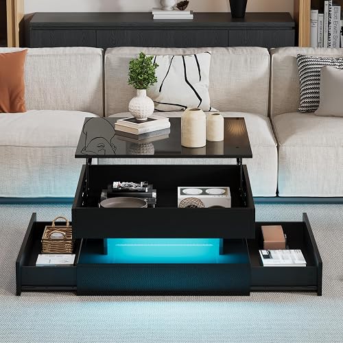 OKMYHOME Table Basse Relevable LED avec 2 Tiroirs, Noire, 65 × 65 cm - 6