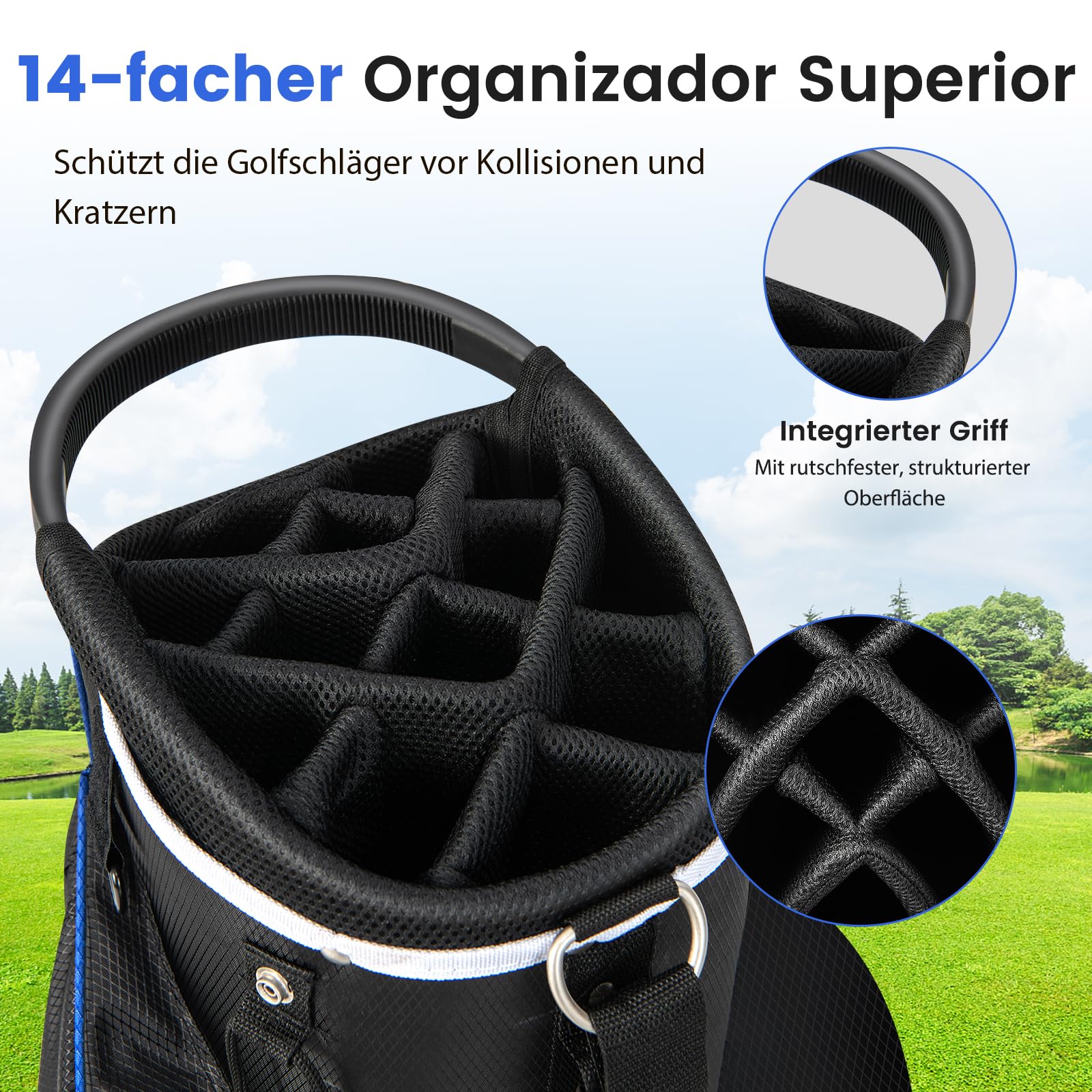 COSTWAY Golfbag leicht, tragbares Golf Cart Bag mit 14 er Unterteilung, Golftasche wasserabweisend mit Regenhaube, 9 Taschen, Kühltasche & Schirmhalter, Caddybag für Herren & Damen