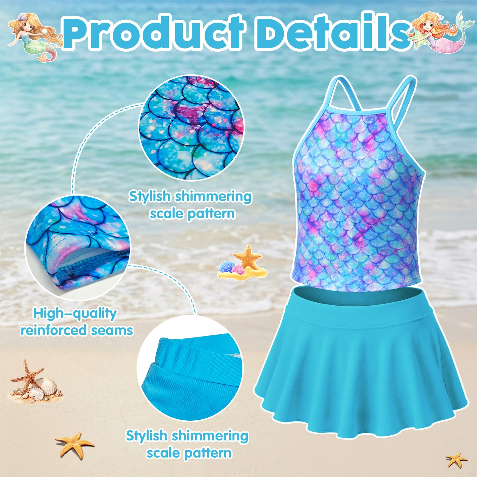 Costume da Bagno Bimba Tankini 4 Pezzi, Set Due Pezzi Design a Scaglie di Pesce con Gonna Pantaloncino, Cuffia e Occhialini, Outfit Estivo Vacanze Tema Oceano 5-6 Anni, Regalo di Compleanno
