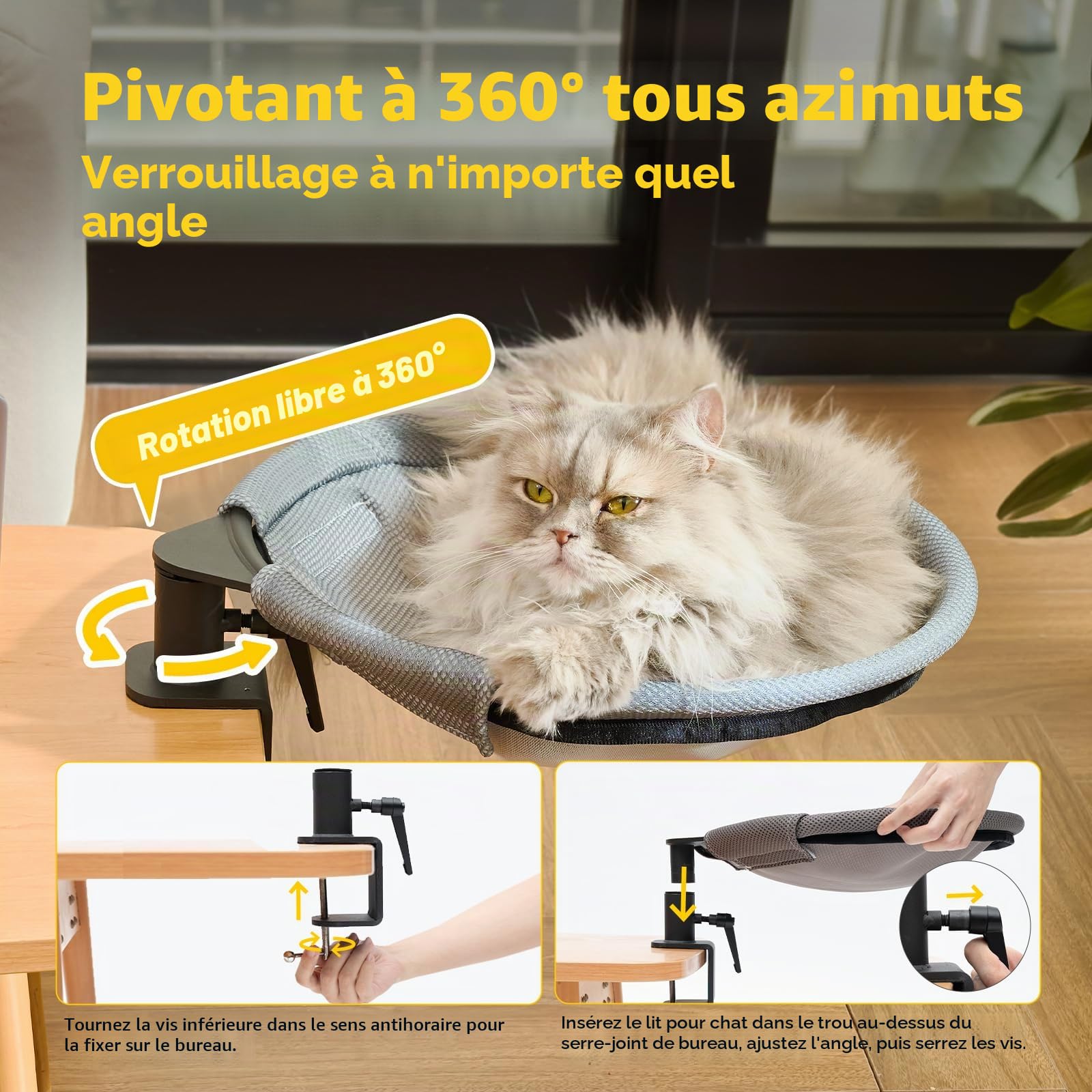 CATISM Lit de Bureau pour Chat Rotation de 360° Lit pour Chat avec 2 Tapis remplaçables Hiver/été Hamac pour Votre Bureau 36 * 38cm Jusqu'à 20kg