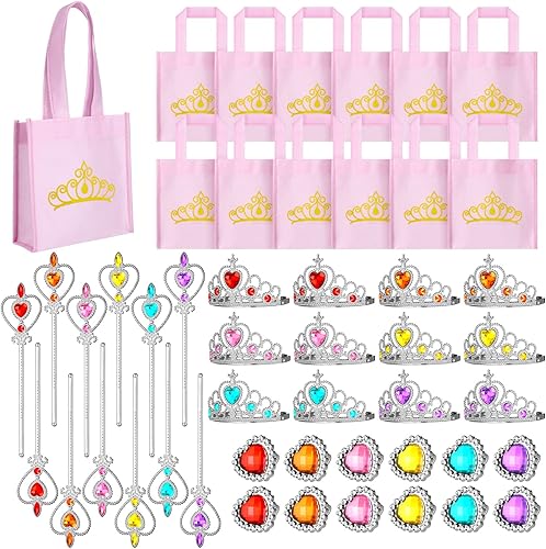Juego de 12 accesorios de disfraz de princesa, incluye bolsas de regalo de princesa, corona de plástico, anillos y varitas para fiesta de