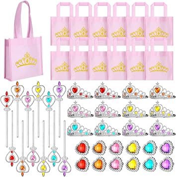 Yinder 12 Princess Party Favors Costume Dress up Accessories Set Included Gift Bags Princess Plastic Crown Tiara Rings and Wands Christmas Birthday Party JewelryElegant Style