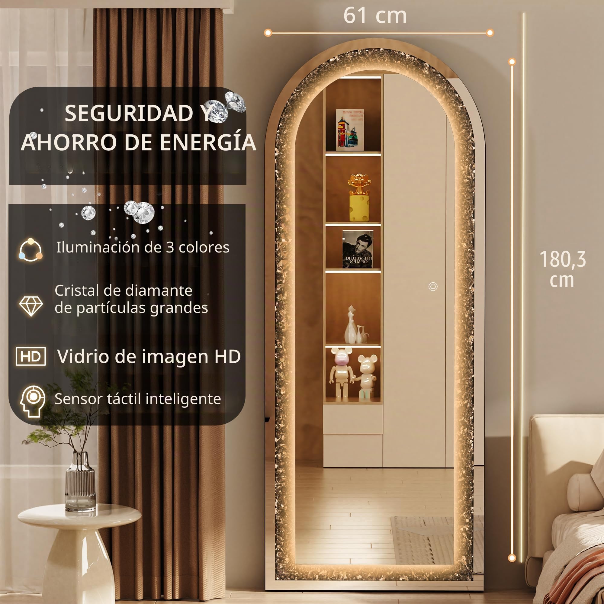 Hasipu - Espejo de cuerpo completo de 71"x24", diseño de arco LED con diamante triturado de cristal, espejo de diamante montado en la pared para sala de estar y dormitorio, con función de atenuación y