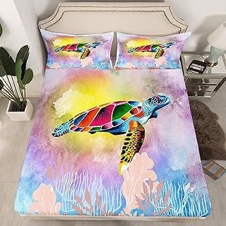 Erosebridal Ocean Theme Bed Sheets Sea Turtle Fitted Sheet Queen Size for Girls Boys, Kids Cute Cartoon Animal Sheets Underwater Botanical Plants Bedding, Aesthetic Galaxy Bed Cover with Deep Pocket