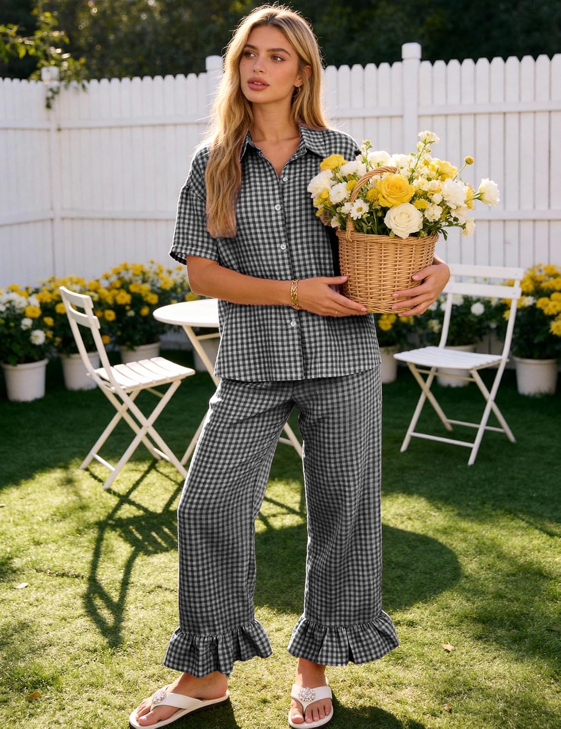 Flygo Womens Plaid Pajama Sets 2 Piece Gingham Cotton Pjs Loungewear Cute Button Down Shirts Trendy Ruffle Y2K Pants Sets - Image 4