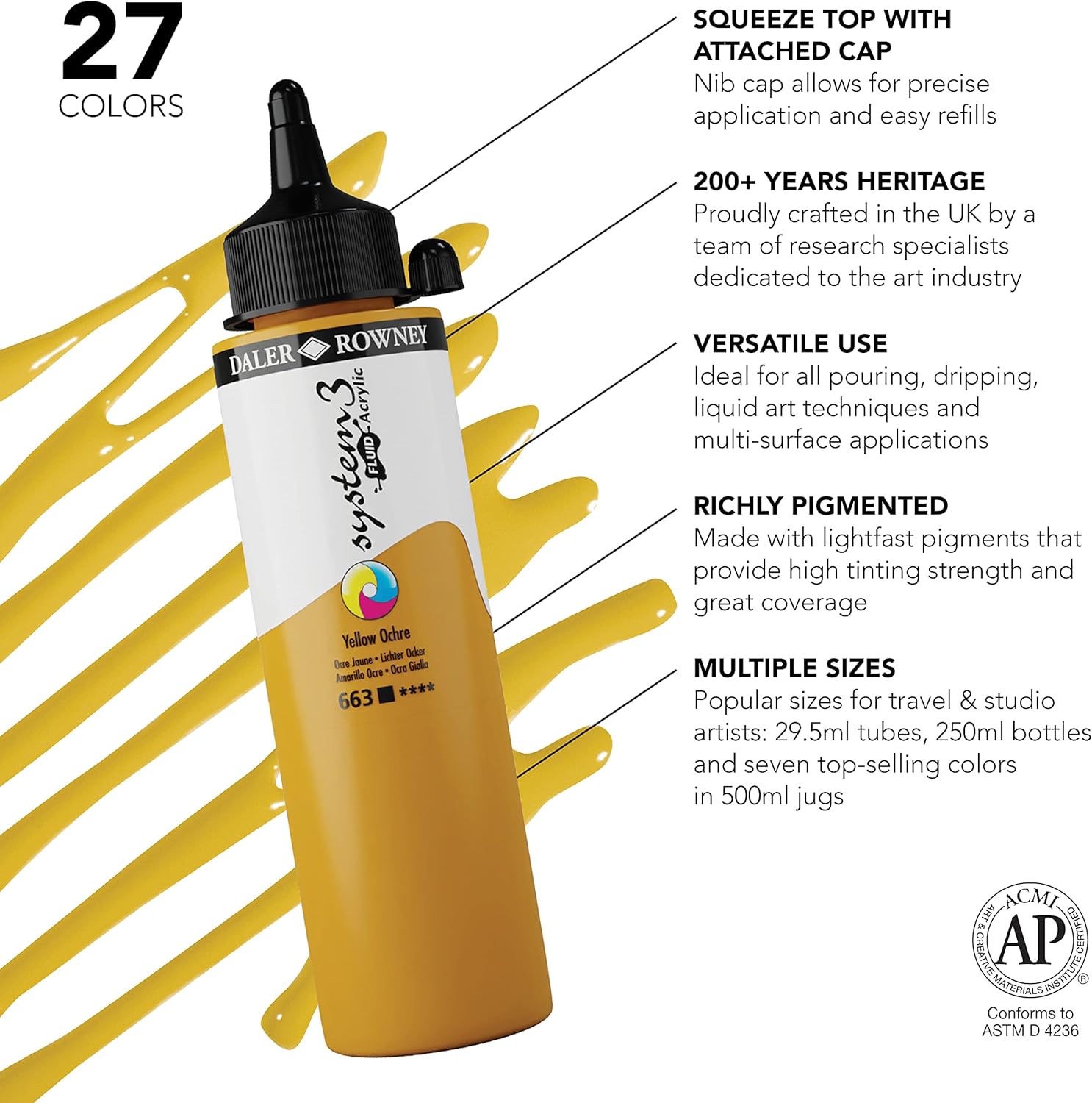 Daler Rowney System3 Yellow Ochre 250ml Fluid Acrylic Paint Bottle - Acrylic Pouring Paint Supplies for Artists and Students - Vivid High-Flow Artist Paint for Canvas Murals and More