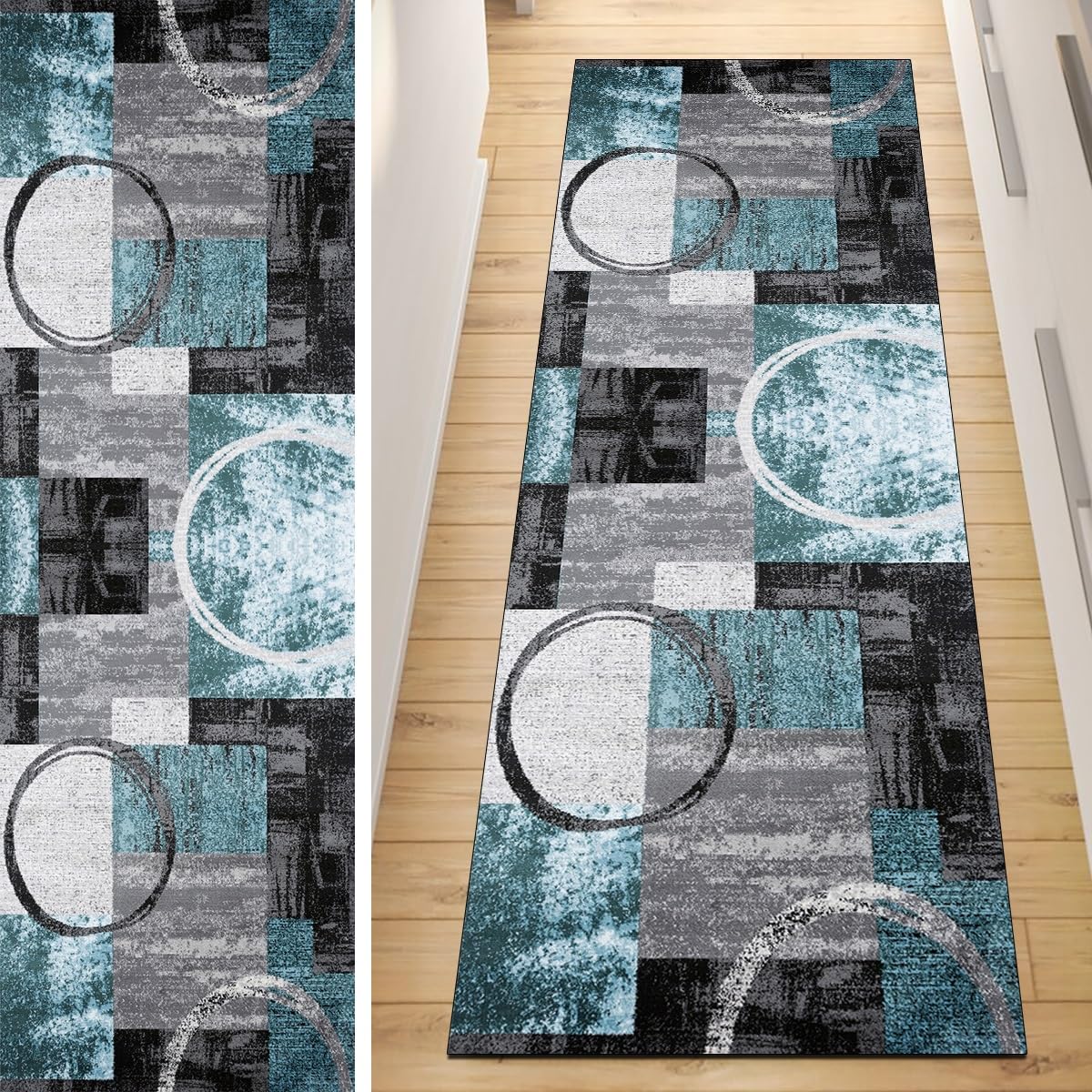 Läufer Flur Küche Teppich rutschfest Blau Grau 120x450CM Lang Kücheläufer Waschbar Meterware Modern Teppichmatten Korridor Polyester Wohnzimmer Schlafzimmer 40-120cm Breit, Anpassbare Größe