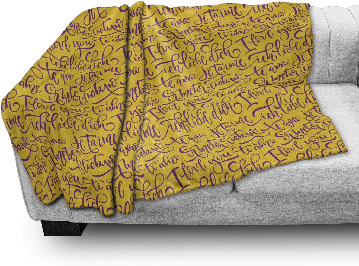 Lunarable French Script Throw Blanket, I Love You Phrases Je T'Aime Te Amo European Romance Valentines Love, Flannel Fleece Accent Piece Soft Couch Cover for Adults, 50" x 60", Earth Yellow Purple