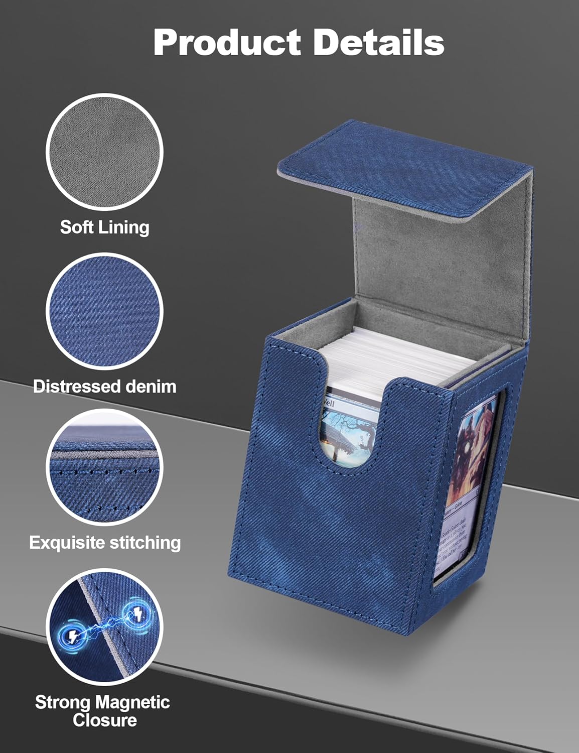 MTG Commander Deck Box with Display Window,Card Deck Box for MTG Commander Holds 100 Double-Sleeved（Blue&Gray-01）