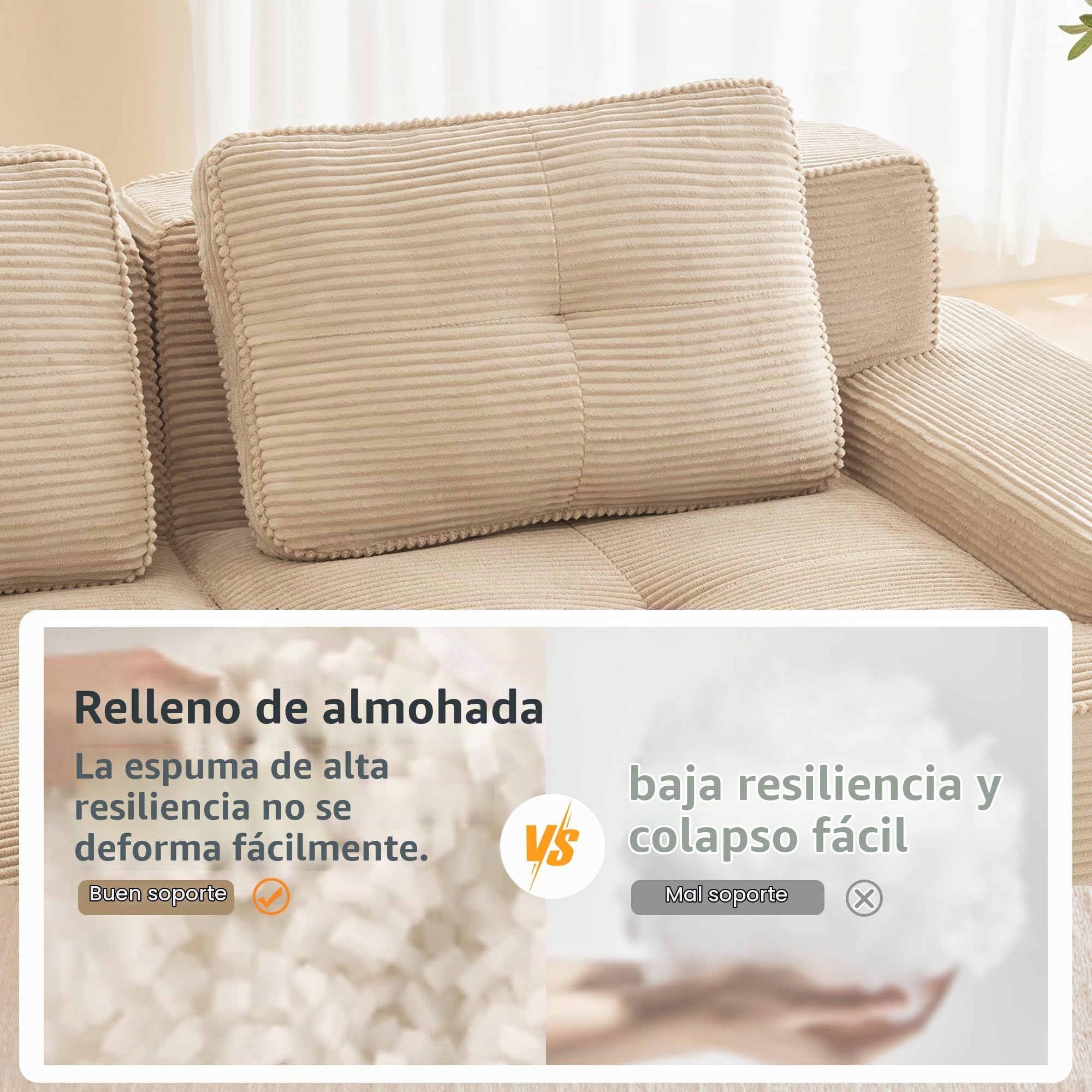 Sofá Modular Comprimido 204 cm, Sofá de 2 plazas con 2 pufs y 2 cojines, Cómodo sofá deshuesado de pana, sofá esquina/sofá cama para salón
