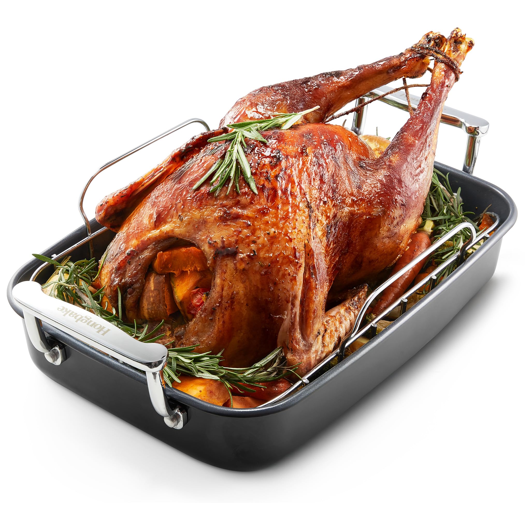 HONGBAKE Roasting Pan with Rack, 17.6×11 Inch Nonstick Roaster Pan for 17 lb Turkey, Chicken and Lasagna, Deep Turkey Pan for Oven, Heavy Duty Oven Roaster Tray, Wider Handles, Gray