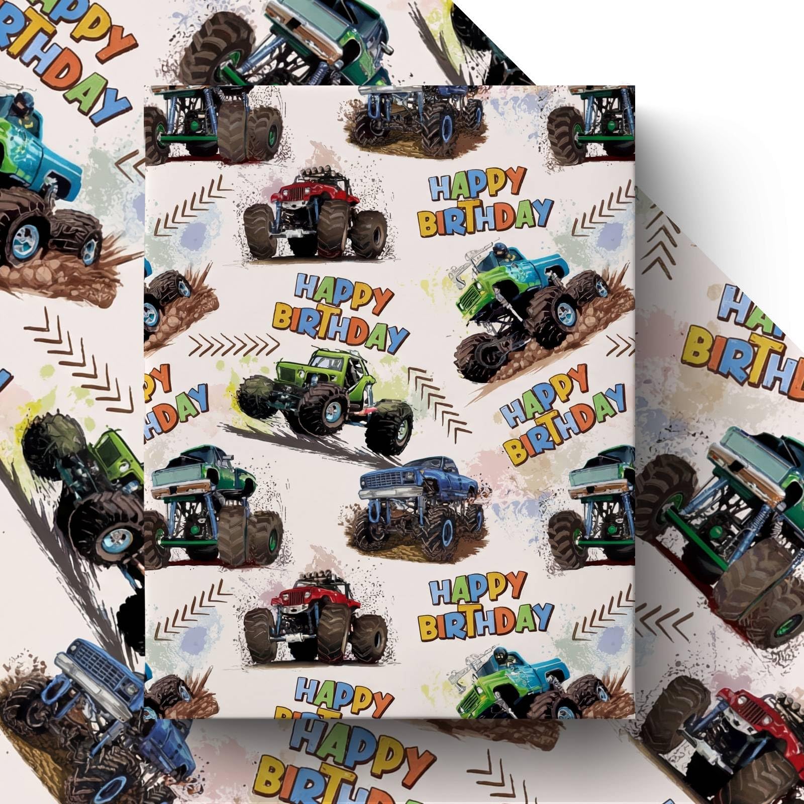 GleeWrap 4 Sheets Monster Truck Wrapping Paper, Happy Birthday Themed Gift Wrap for Kids and Boys, Blue & Green Truck Design for Present Decoration - 70x 50 cm