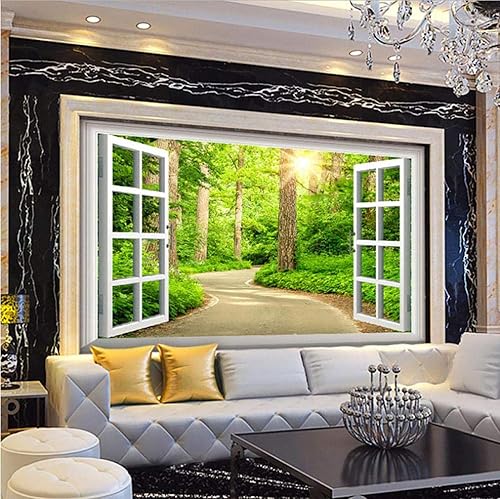 Miniatura 3 de Papel tapiz 3D con ventana de bosque verde y sol, mural de pared fotográfico de paisaje natural, papel tapiz fotográfico para sala de estar,