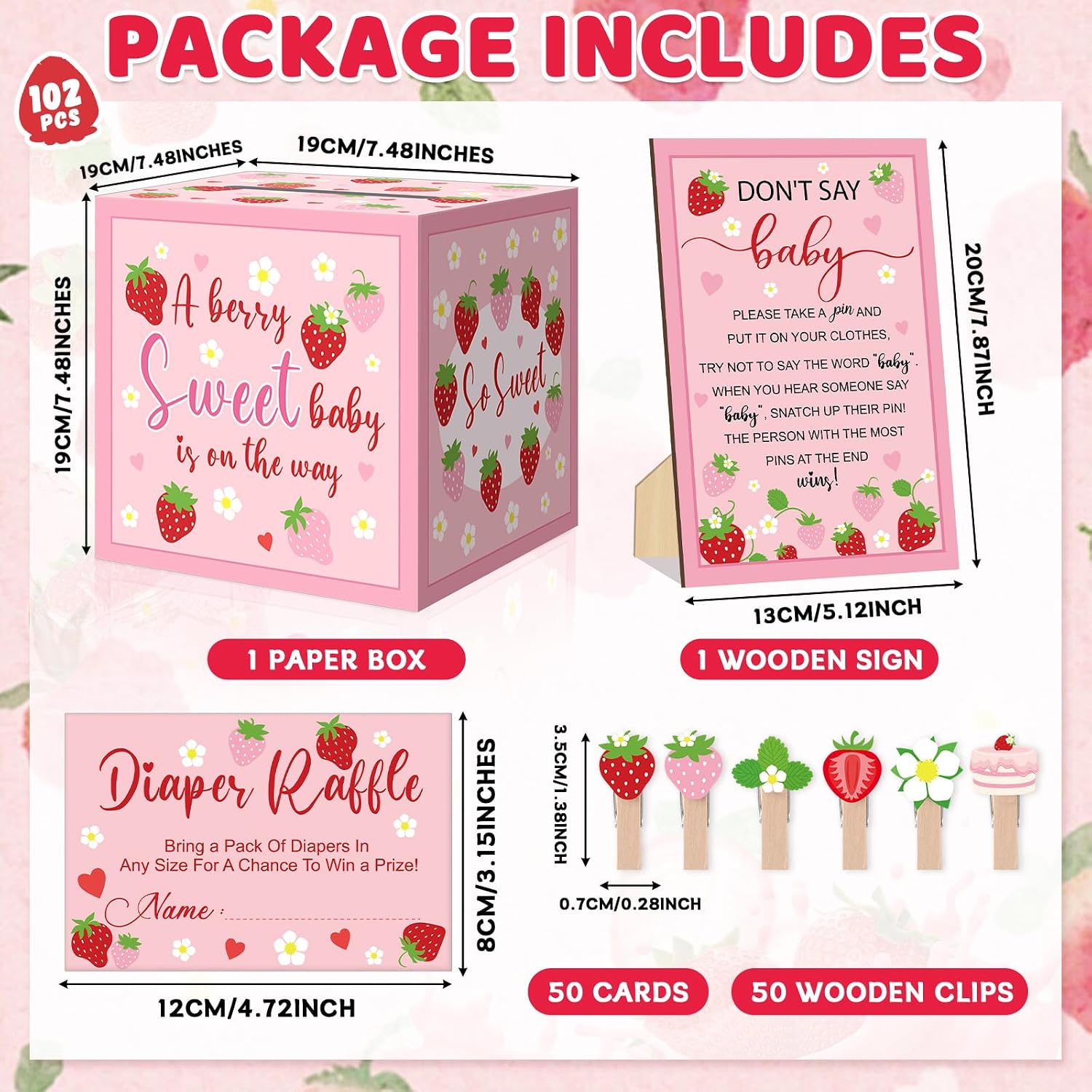 102Pcs Strawberry Diaper Raffle Tickets with Card Box Pink Strawberry Baby Shower Game Decorations Don't Say Baby Sign Mini Clothespin for Pink berry Gender Reveal Party Decor Supplies