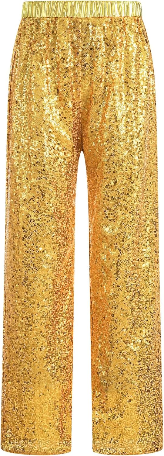 Hedmy Kids Girls Sparkle Sequins Jazz Dance Trousers High Waist Wide Leg Flare Pants Dancewear for Hip Hop