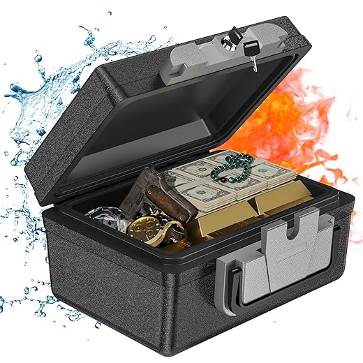 WASJOYE Fireproof Waterproof Safe Box with Key Lock, 0.3 Cubic Feet, Portable Safe Box for Home Car Business Office Outdoor Documents Passport Cash Valuables, 6.6 x 12.7 x 15.3 inche, Black