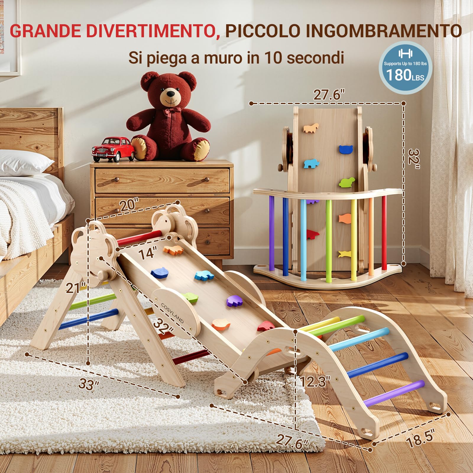COSYLAND Set Arrampicata 8 in 1 Bambini Triangolo Pikler Arco Montessori Scivolo Pieghevole Interno 18M-3A Arcobaleno Classico