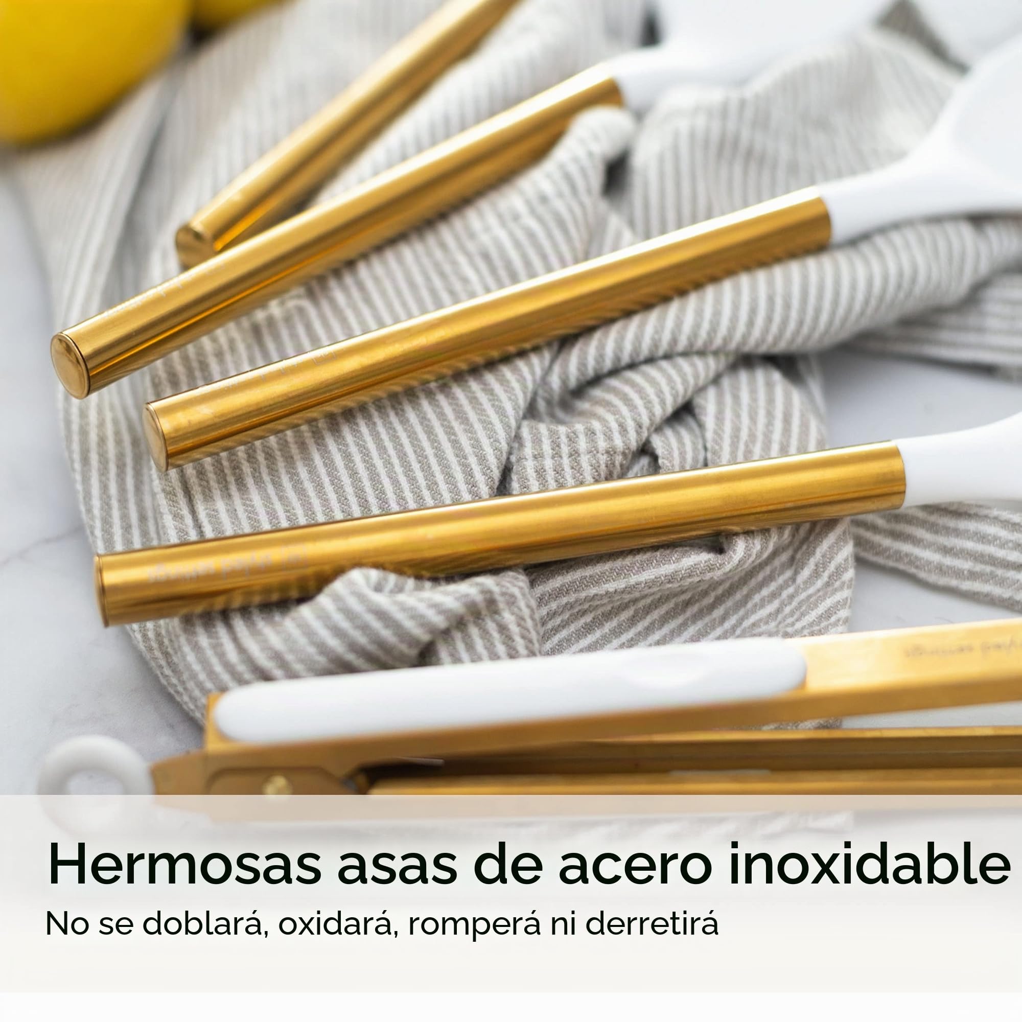 Styled Settings White and Gold - Juego de utensilios de cocina de silicona de 6 piezas con espátula, batidor, pinzas, cuchara y volteador, antiadherentes, sin BPA, accesorios de cocina dorados