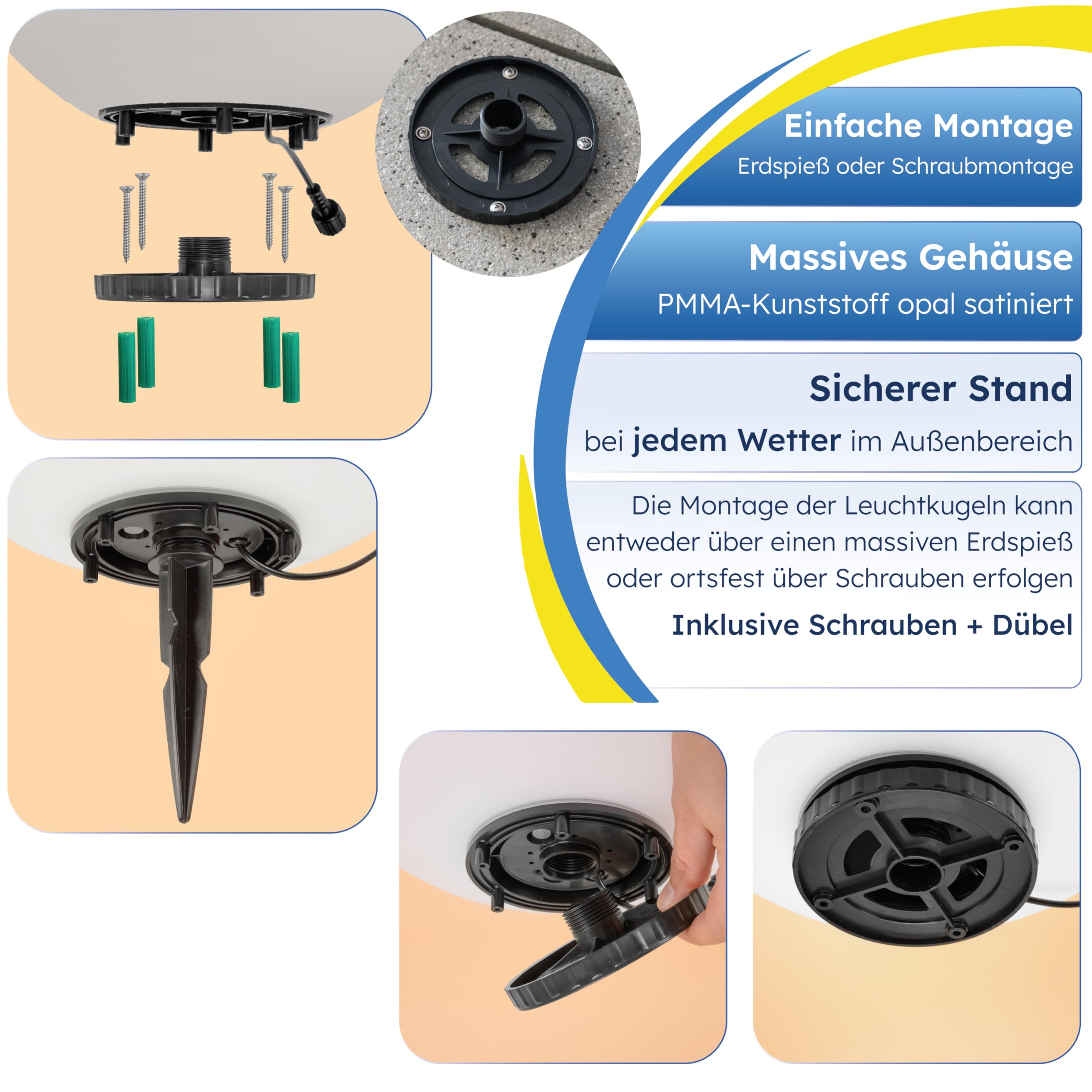 Esotec Solar Deko-Leuchtkugel, 40cm, 9 Leuchtfarben, Dauer oder Wechsellicht, Akku, Solarmodul, Erdspieß, Solarmodul-Wandhalterung, Schraubbefestigung, Solarkugel, winterfest 106111