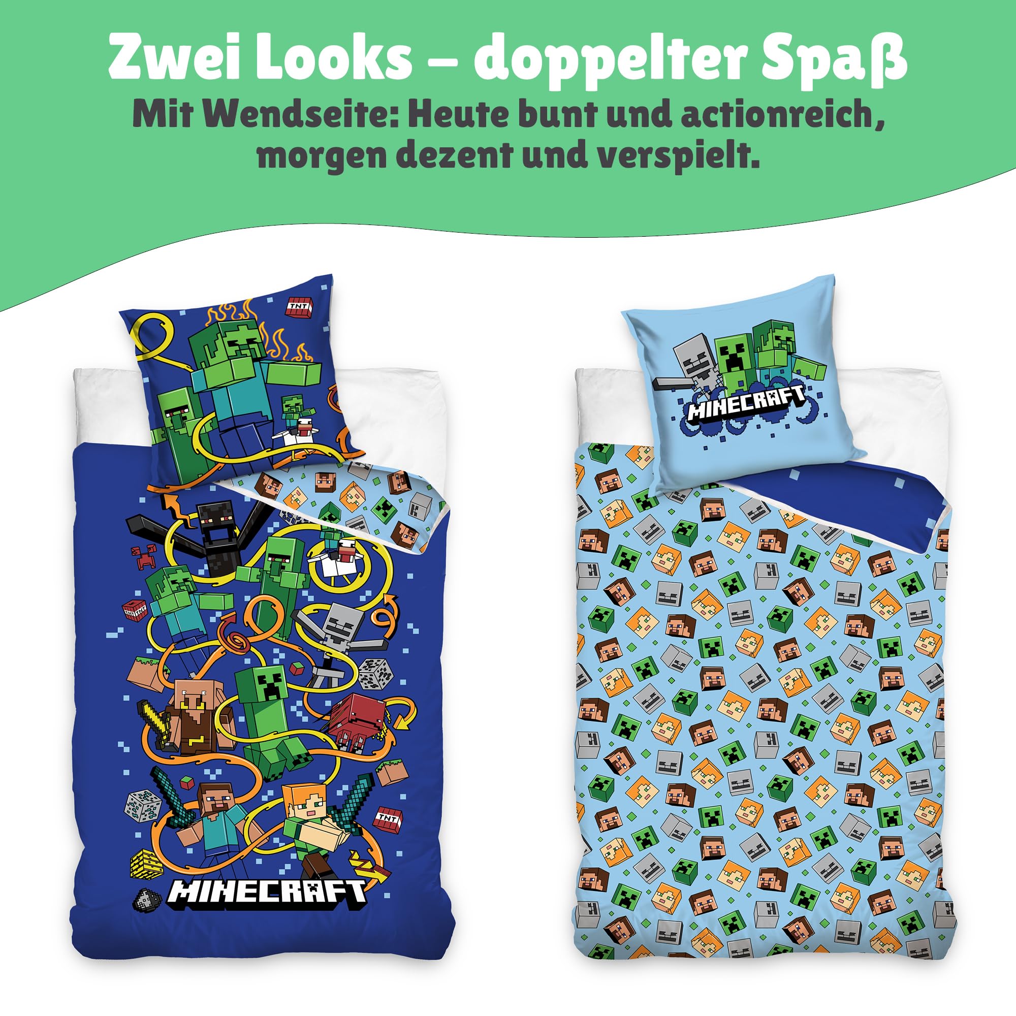 Minecraft Set Biancheria Da Letto 2 Pezzi Per Bambini - 135x200 Cm + 80x80 Cm, 100% Cotone Oeko-Tex, Reversibile Con Cerniera