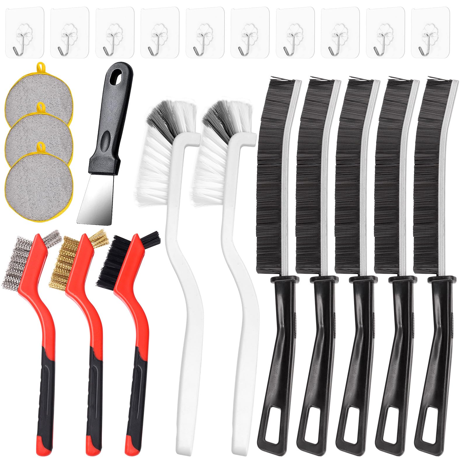 Tanstic 10Pcs Crevice Cleaning Brush Wire Brush Kitchen Cleaning Brush with Putty Knife Round Dish Washing Sponge Self Adhesive Hooks for Household Use, Kitchen, Bathroom, Groove