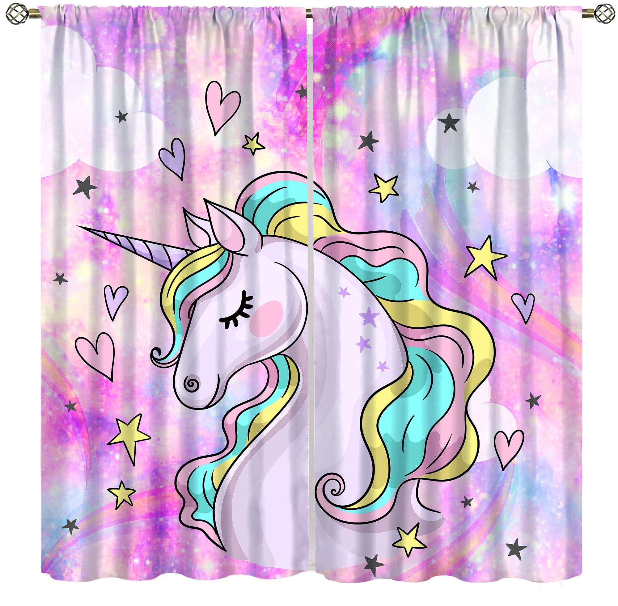 Llylumty Unicorn Curtain for Girls Room,Colorful Clouds Dream Cartoon Unicorn Kids Teens Bedroom Shading Window Curtains Decorative Drapes for Kids Teens Babys Bedroom Nursery 21x45in,2 Panel Set