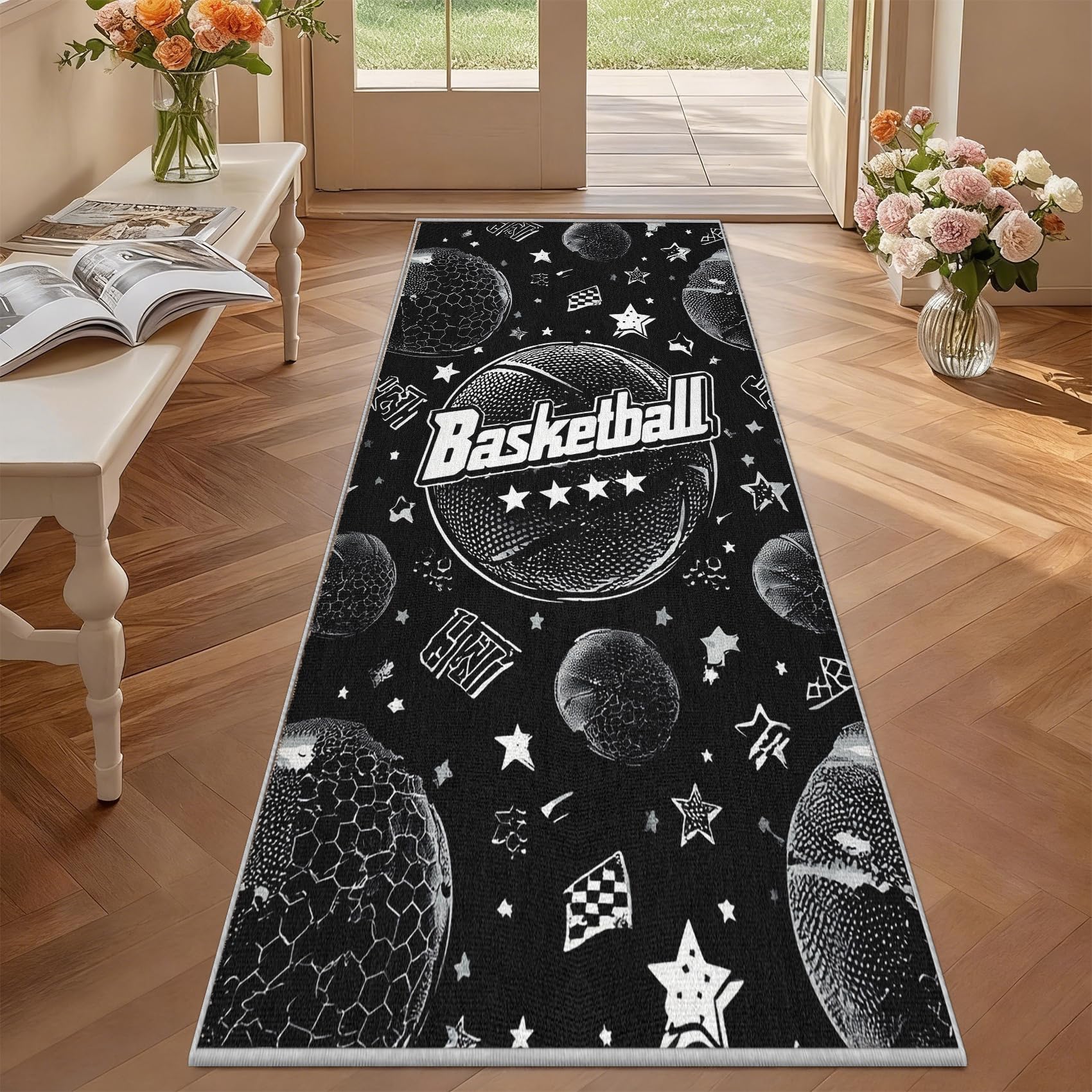 Tapis couloir antidérapant au motif basketball graffiti lavable en machine