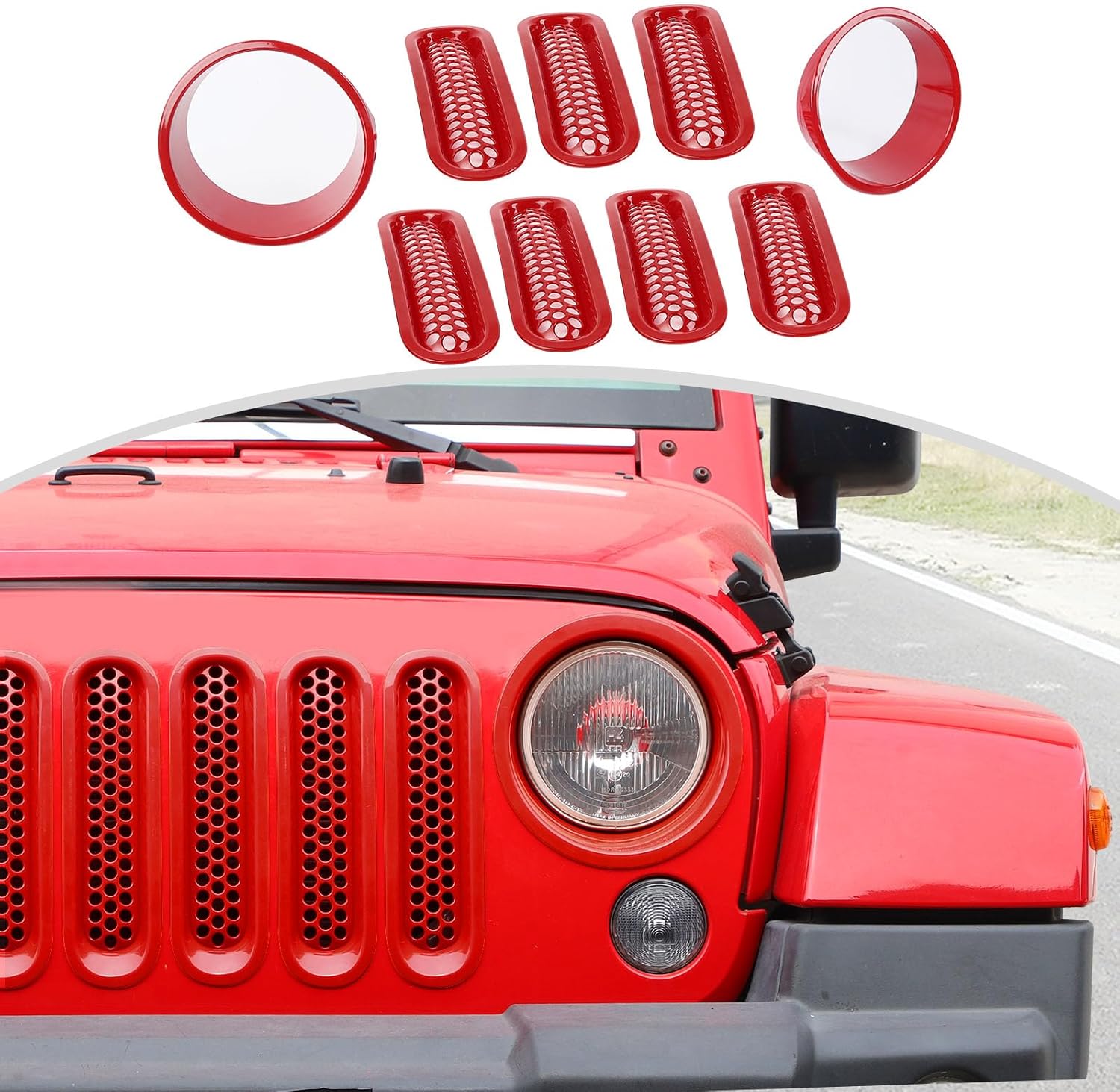 CheroCar for JK Mesh Grille Grill Insert & Headlight Cover Trim Exterior Accessories for Jeep Wrangler JK 2007-2017,Red…