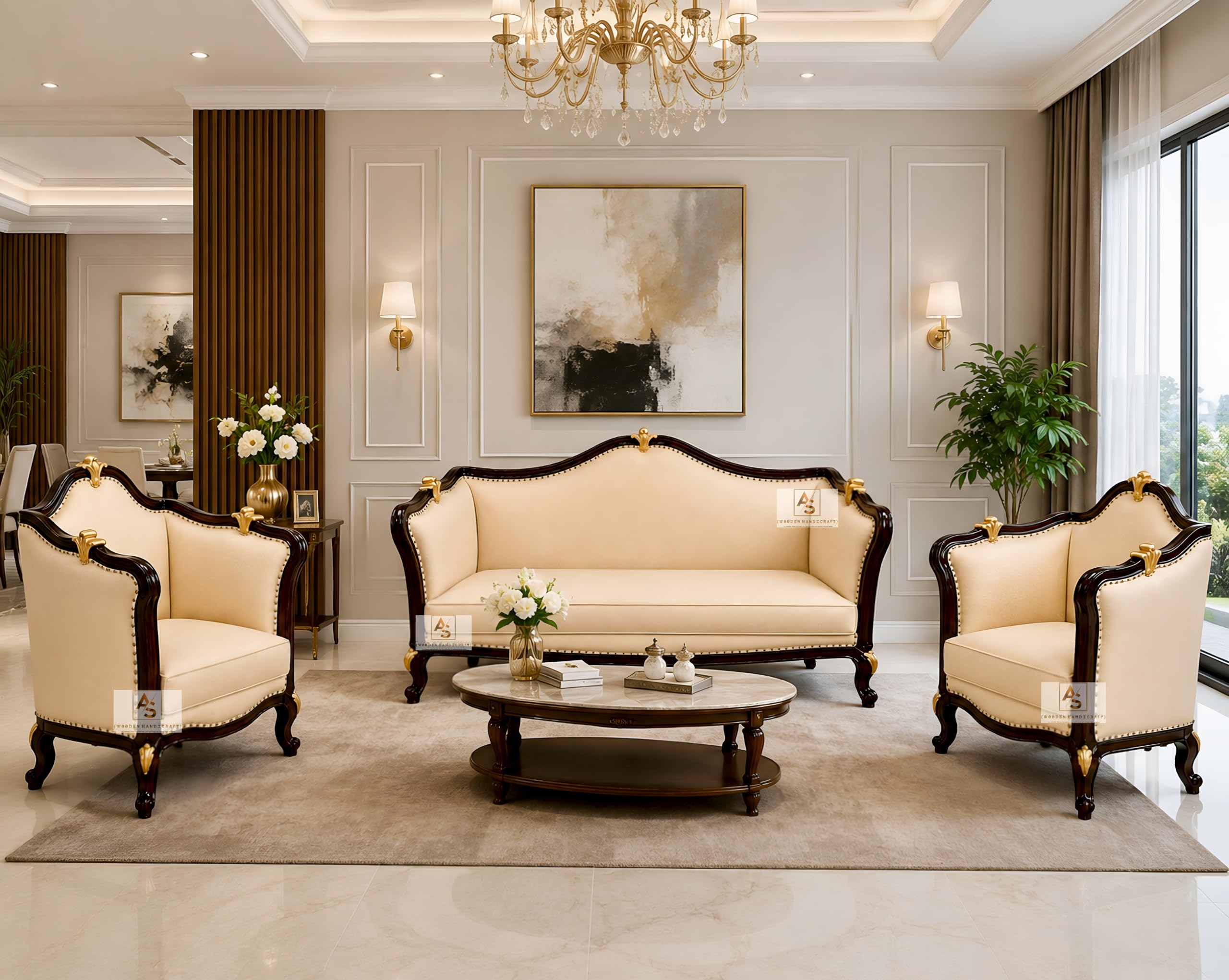 Royal Luxury Wooden Sofa Set | 3+1+1 Seater | with Leather Upholstery with Majestic Crown Sofa Set | Victorian Style Furniture Tufted Sofa Set Walnut-picture-11