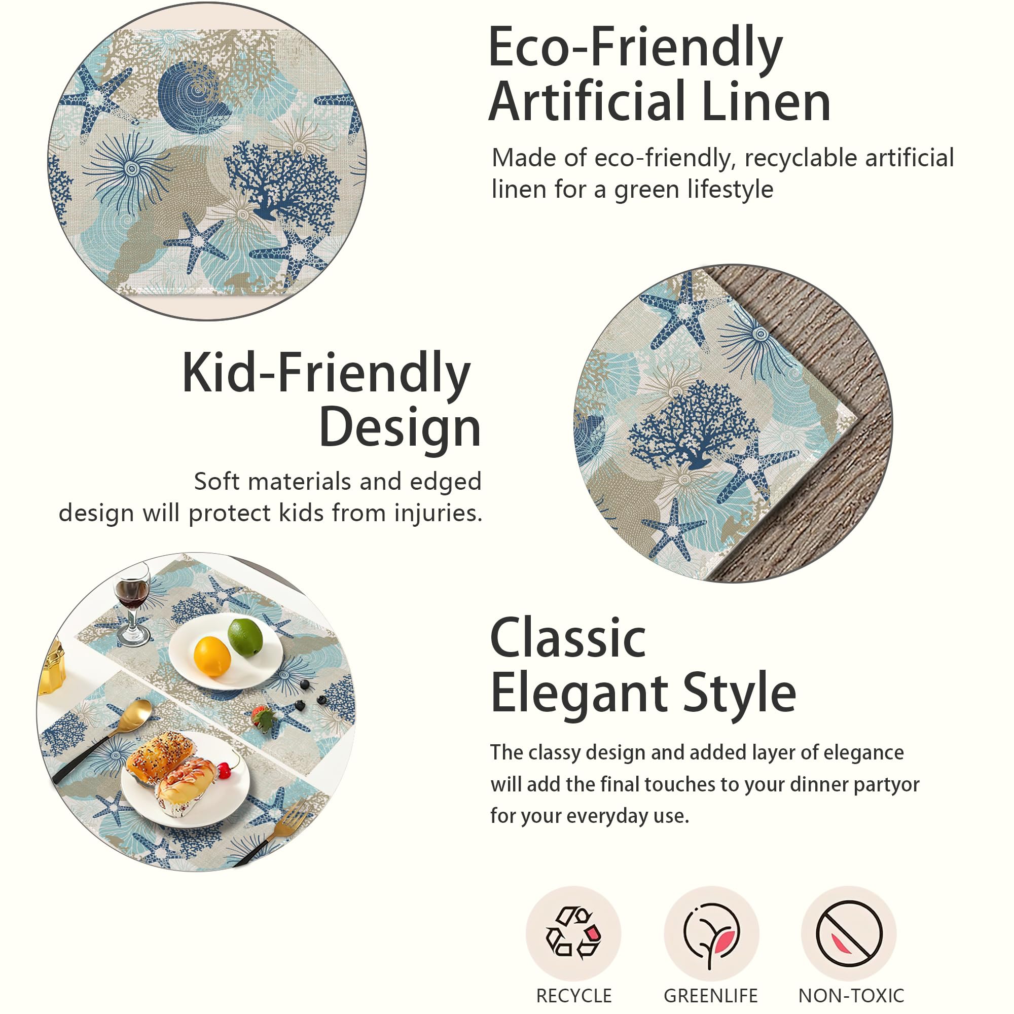 Shells Coral Summer Placemats Set of 6,Table Mats Non-Slip Heat Resistant Washable Placemat for Party Kitchen Dining Table Decoration Indoor Outdoor - Image 2